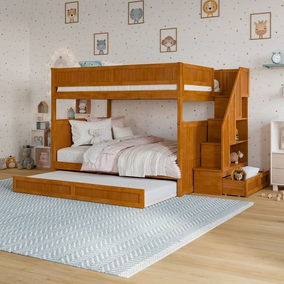 Dover Full over Full Wood Staircase Bunk Bed w/ Drawer & Trundle in Light Toffee