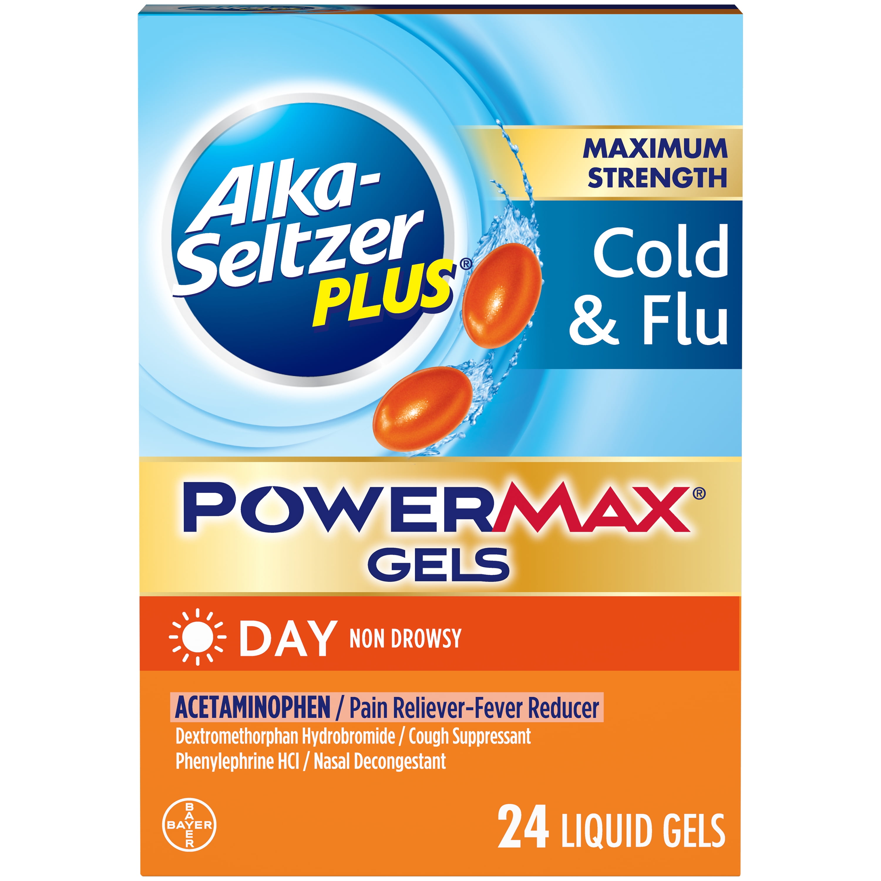 Alka-Seltzer Plus Maximum Strength Powermax Cold & Flu Day Liquid Gels, 24 Ct