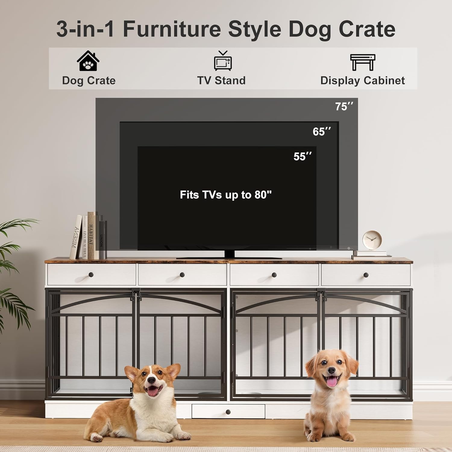 IdealHouse Double Dog Crate Furniture for 2 Dogs, Indoor Pet Kennel TV Stand with 4 Storage Drawers & Feeding Bowls, for Small/Medium Dogs, White