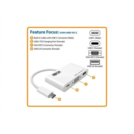 UPC: 0037332193711 | Tripp Lite USB C to VGA Multiport Adapter w/ PD Charging USB Type C to VGA (U444-06N-VU-C)