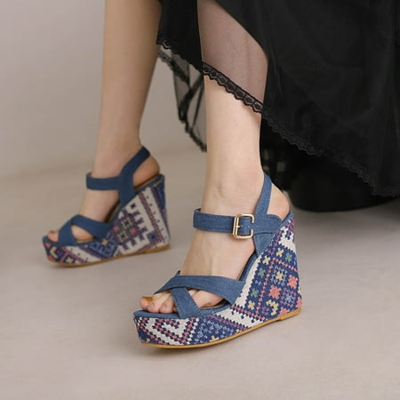 

Homadles Women Comfortable Wedge Sandals in Shoes- One-line Open Toe High Heel Thick Sole Ethnic Wedges Blue Size 7
