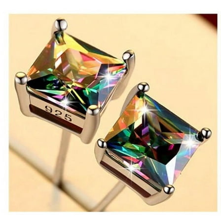 Rainbow Fire Mystic Princess Cut Topaz Earrings in Sterling Silver