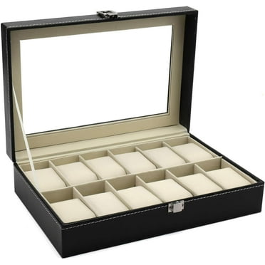 Rinapi 12 Slot Leather Watch Box Display Case Organizer with Framed Glass Lid Elegant Contrast and Removable Pillow for Men and Women Watch and Jewelry Large Holder Boxes