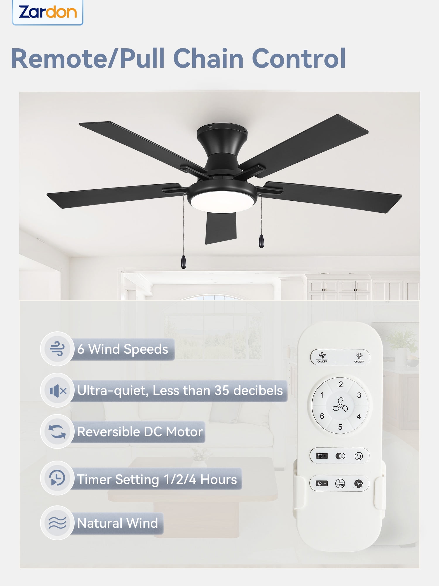 Zardon 52" Modern Ceiling Fan with Light and Remote Control & Dual Pull-Chain, Black Ceiling fans for Bedroom Living Room Indoor, 6 Speed, Ultra-Quiet DC Motor