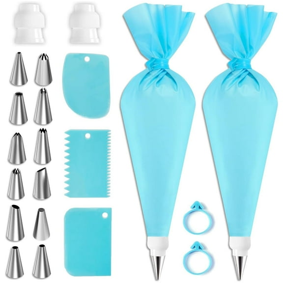 Piping Bags and Tips Set, BKSDUEH Reusable Cake Decorating Supplies with 2 Reusable Bags, 12 Icing Tips, 2 Silicone Rings, 2 Couplers and 3 Scrapers, Cake Baking Tools for Cookie Icing Cupcakes