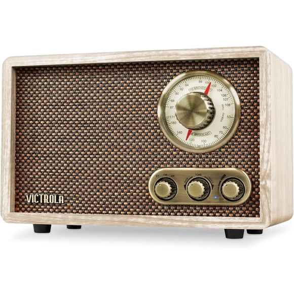 Victrola Willow – Retro Wood Bluetooth Radio with Built-in Speakers: Elegant & Vintage Design, Rotary AM/FM Tuning Dial, Bass & Treble Con
