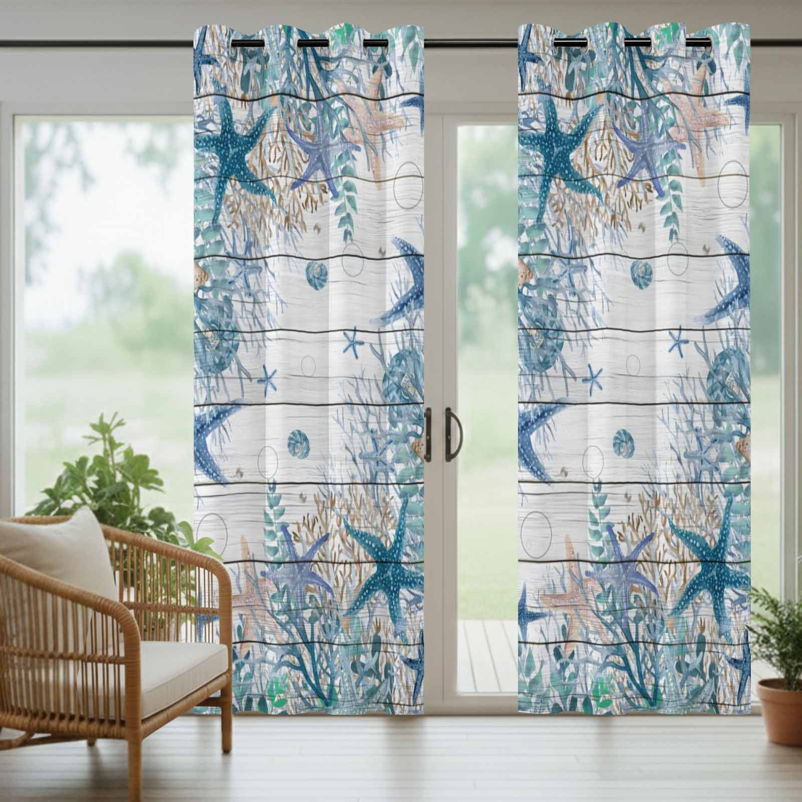 Summer Marine Life Outdoor Curtains for Patio, Watercolor Blue Starfish Ocean Bubble Wood Grain Sunshade Privacy Drapes Grommet Waterproof Outside Curtains for Porch/Cabana/Balcony 54"x 108", 2 Panel