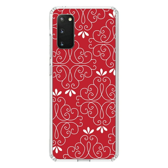DistinctInk Clear Shockproof Hybrid Case for Galaxy S20 / S20 5G (6.2" Screen) - TPU Bumper, Acrylic Back, Tempered Glass Screen Protector - Dark Red White Floral