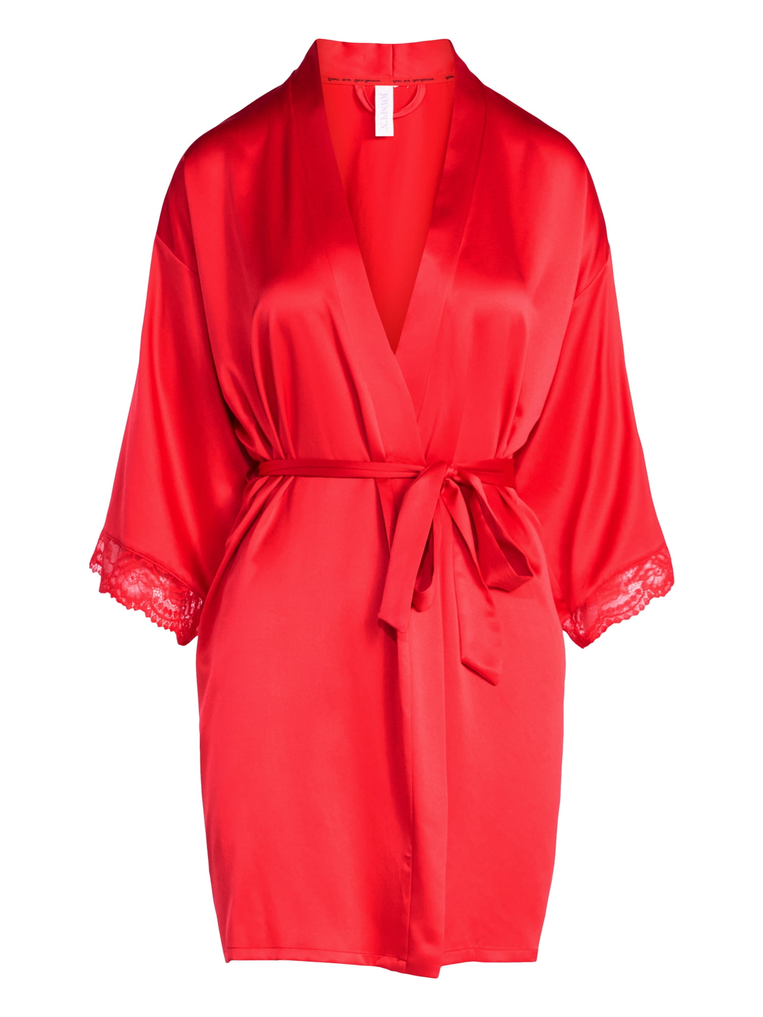 Joyspun Women’s Lace Trim Satin Valentine's Day Robe, Sizes S-3X