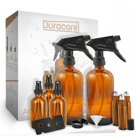 Duracare Amber Glass Spray Bottles, 2-Count - Trigger Sprayers w/ Screw Cap, 3 Mist Sprayers, 3 Stainless Steel Roller Bottles w/ Labels and Washable Marker, Cap, Dropper and Funnel |