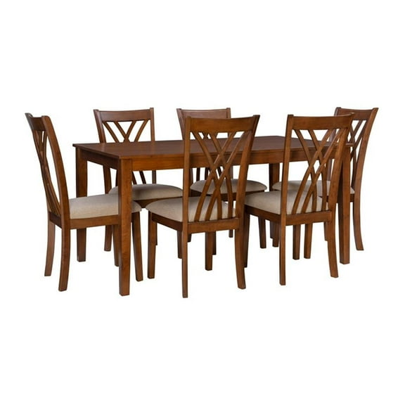 Linon Brit 7 Piece Wood Dining Set Crisscrossed Back Upholstered Chairs in Brown