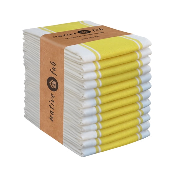 Native Fab Stripe Kitchen Dish Towel Set of 12 Cotton 18x28 Yellow White
