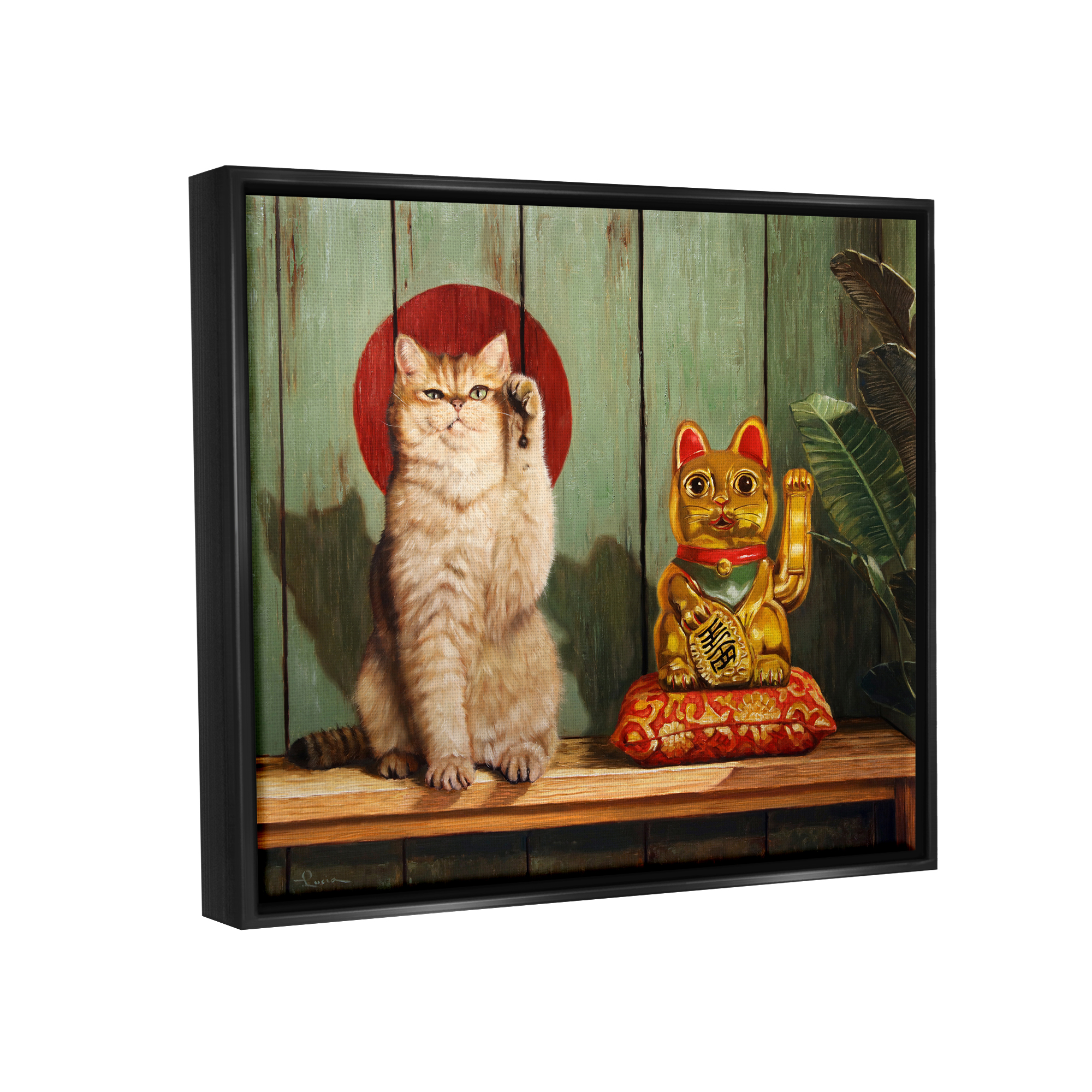 Stupell Industries Funny Lucky Cat Pose Animals & Insects Painting Black Floater Framed Canvas Art Print Wall Art, 31 x 25