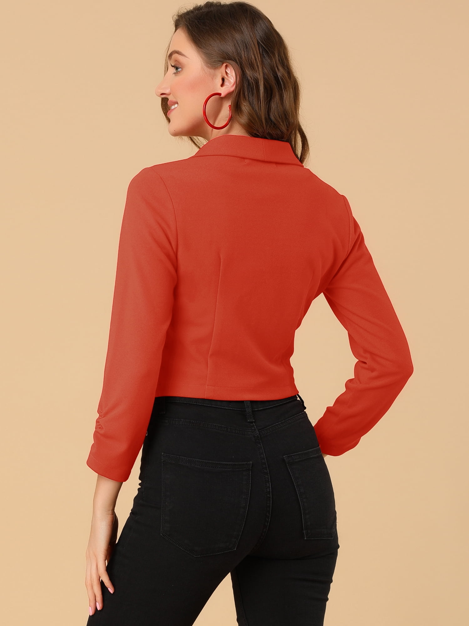 DARING DIVA Women's Notched Lapel Ruched Sleeve Crop Blazer XL Orange Red