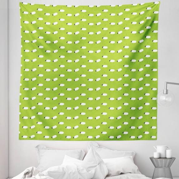 Sheep Tapestry, Happy Mammal Livestock Cartoon Style Orderly Repeated Pattern of Artwork, Fabric Wall Hanging Decor for Bedroom Living Room Dorm, 5 Sizes, Apple Green and White, by Ambesonne