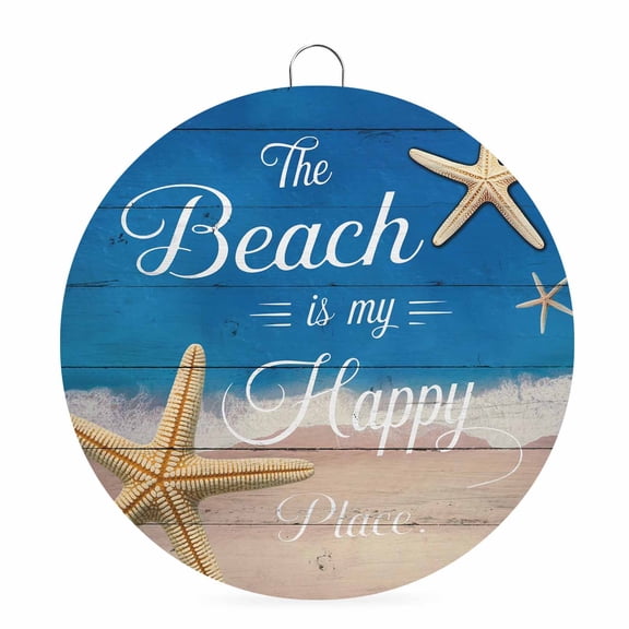 Round Metal Signs for Outside The Beach Is My Happy Place Tin Signs Stainless Steel Hook Home Sign Plaque Summer Ocean Starfish Metal Sign for Front Door Porch Hanging Wall Decor Gifts 6 Inch