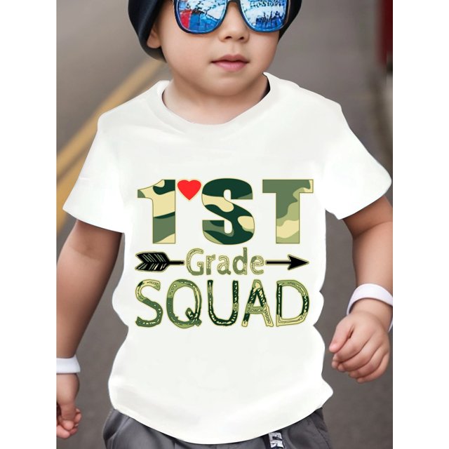 1ST Grade SQUAD Arrow Letters Graphic Print Boys Breathable Sweat Absorbent T-shirt, Casual Comfortable And Lightweight Round Neck Tops For Boy In Summer