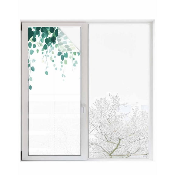Window Privacy Film Eucalyptus Leaf Stained Glass Window Film Decorative Sun Block Window Cover Simple Spring Green Botanical Vines Window Clings Static Adhesive Sticker for Bathroom 29.5"x78.7"