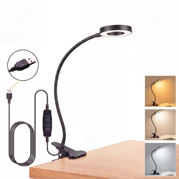 DAYBETTER LED Clip On Desk Lamp, 3 Light Modes & 10 Brightness Levels, 360° Flexible Neck Reading Light, USB Plug-in Clamp Lamp, for Home, Office, Study, Craft (Black)