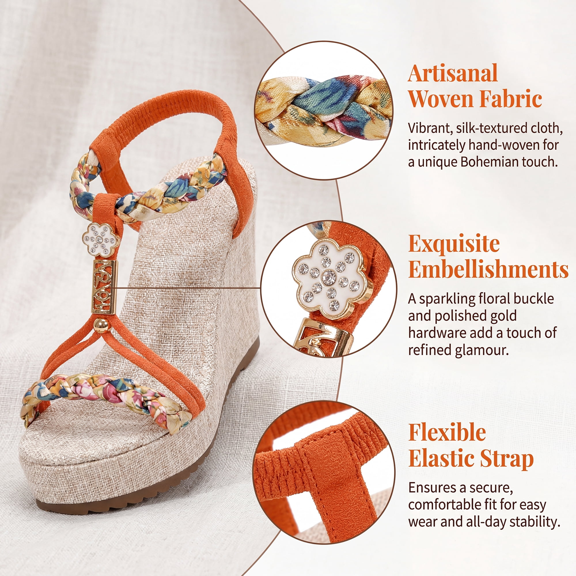 DARING DIVA Women's Stylish Bohemia Pull on Platform Wedge Heel Sandals Orange 6.5