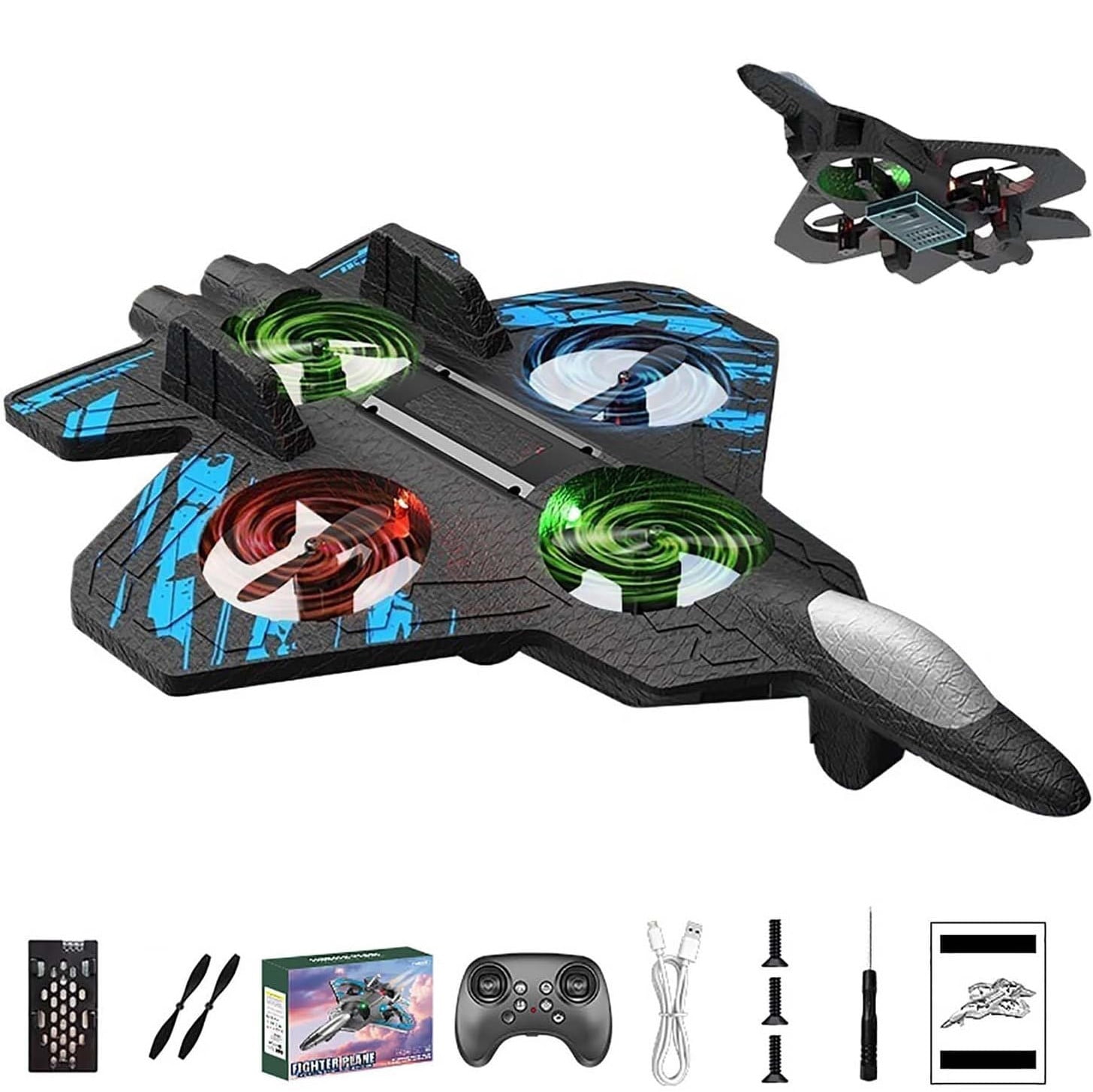 Comefolife RC Stunt Fighter Jet Toy with 360° Flips & LED Lights, Christmas Remote-controlled Foam Airplanes Toy, Rechargeable Hovering Fighter Helicopter, for Beginners (Blue)