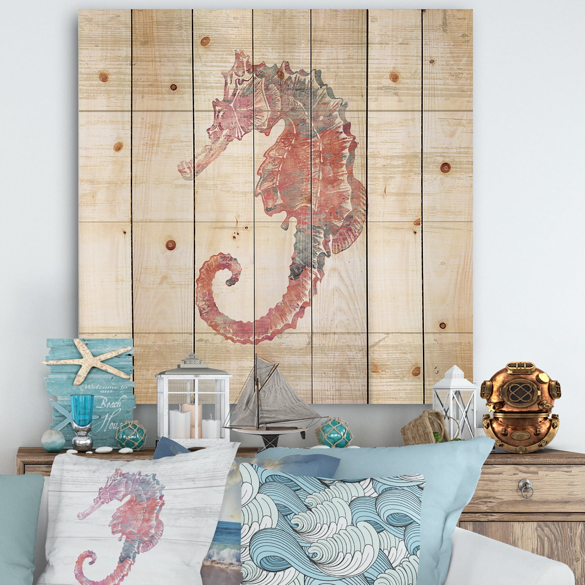 Designart 'Pink seahorses Ocean Life' Nautical & Coastal Print on Natural Pine Wood