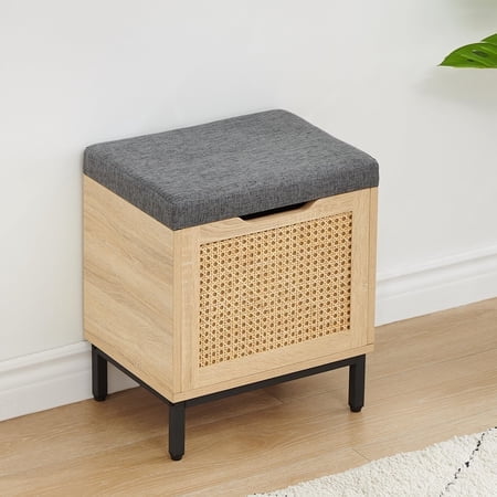 Kojooin Natural Rattan Storage Chest with Cushion, Shoe Storage Bench with Flipping Lid for Entryway or Bedroom