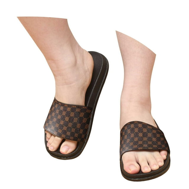 Leozcaa Sandales à Enfiler pour Femmes à Imprimé, Sandales Plates à Bout Ouvert, Confort Décontracté, Pantoufles de Plage et de Douche