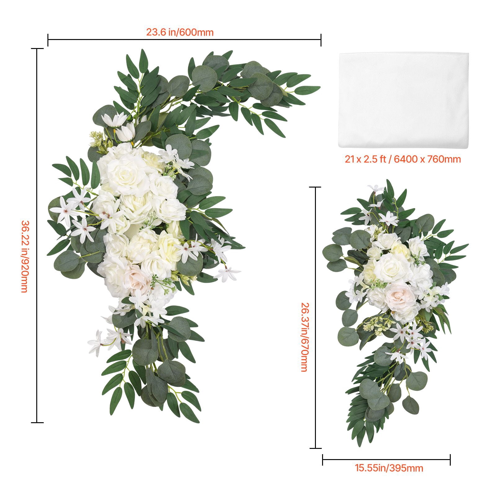 3-Pack Artificial Wedding Arch Flowers Kit with 21Ft Draping Fabric, White Wedding Ceremony Backdrop & Reception Decor