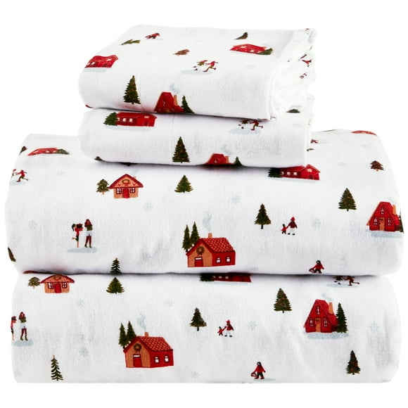 Comfort Spaces 100% Cotton Flannel Sheets Twin XL Ultra Soft Cozy Flannel Sheet Set with 12"" Elastic Pocket Fits up to 14"" Mattress Novelty Print Warm Flannel Bedding Christmas Village 3 Piece