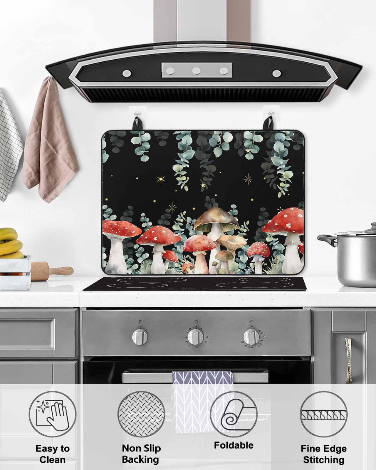 Large Induction Cooktop Protector Mat Mushroom Stove Top Covers for Electric Stove, Watercolor Botanical Sage Green Eucalyptus Leaves Decorative Stove Burner Cover Mats, Glass Top Stove Cover