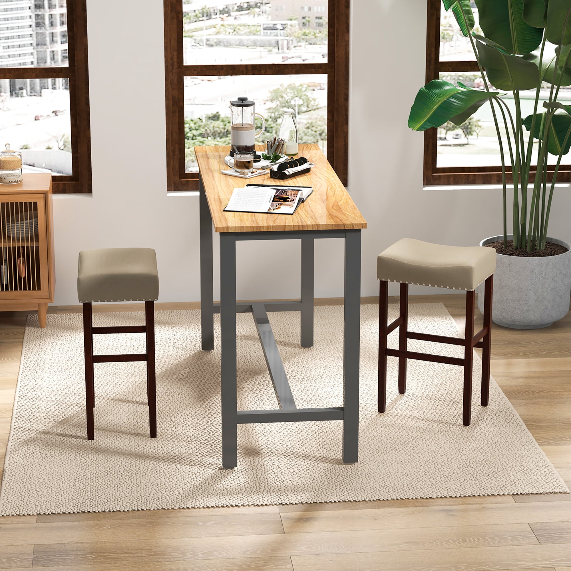 Costway Set of 2 Bar Stools Bar Height Saddle Kitchen Chairs with Wooden Legs Beige