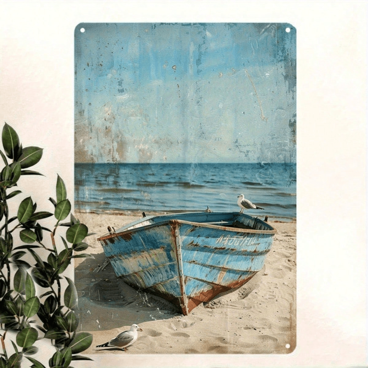 Vintage Blue Boat & Seagulls Metal Wall Art, 12x" 12x8 Inch Rustic Coastal Decor, Waterproof Rustproof Iron Sign, Rustproof Iron Sign, Ocean Beach Scene W