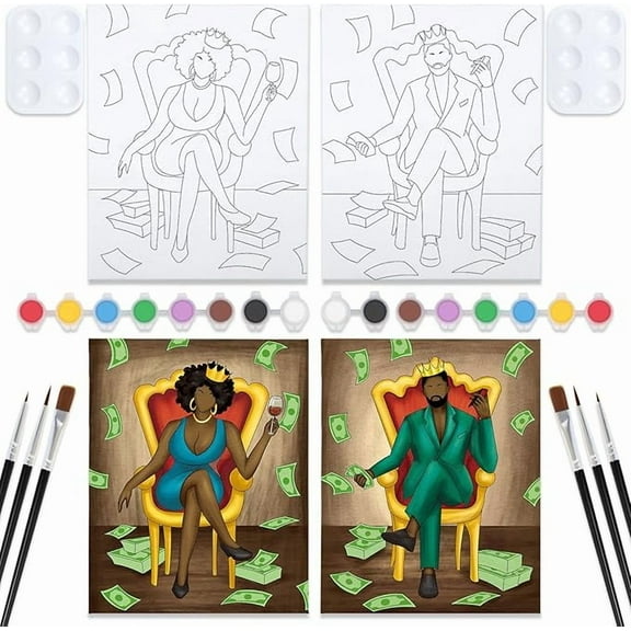 VOCHIC Couples Painting Kit Date Night Pre Drawn Canvas for Painting for Adult Afro King Queen Love Couple Pre Drawn Stretched Canvas Kit Art Set 2 Pack 8x10