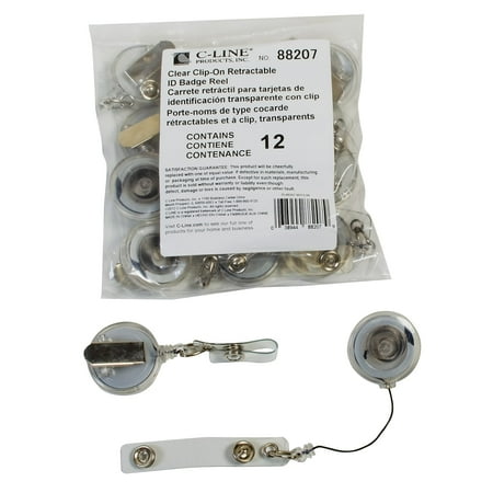 C-Line Retracting ID Card Reels, Spring Clip, Clear, Pack of 12