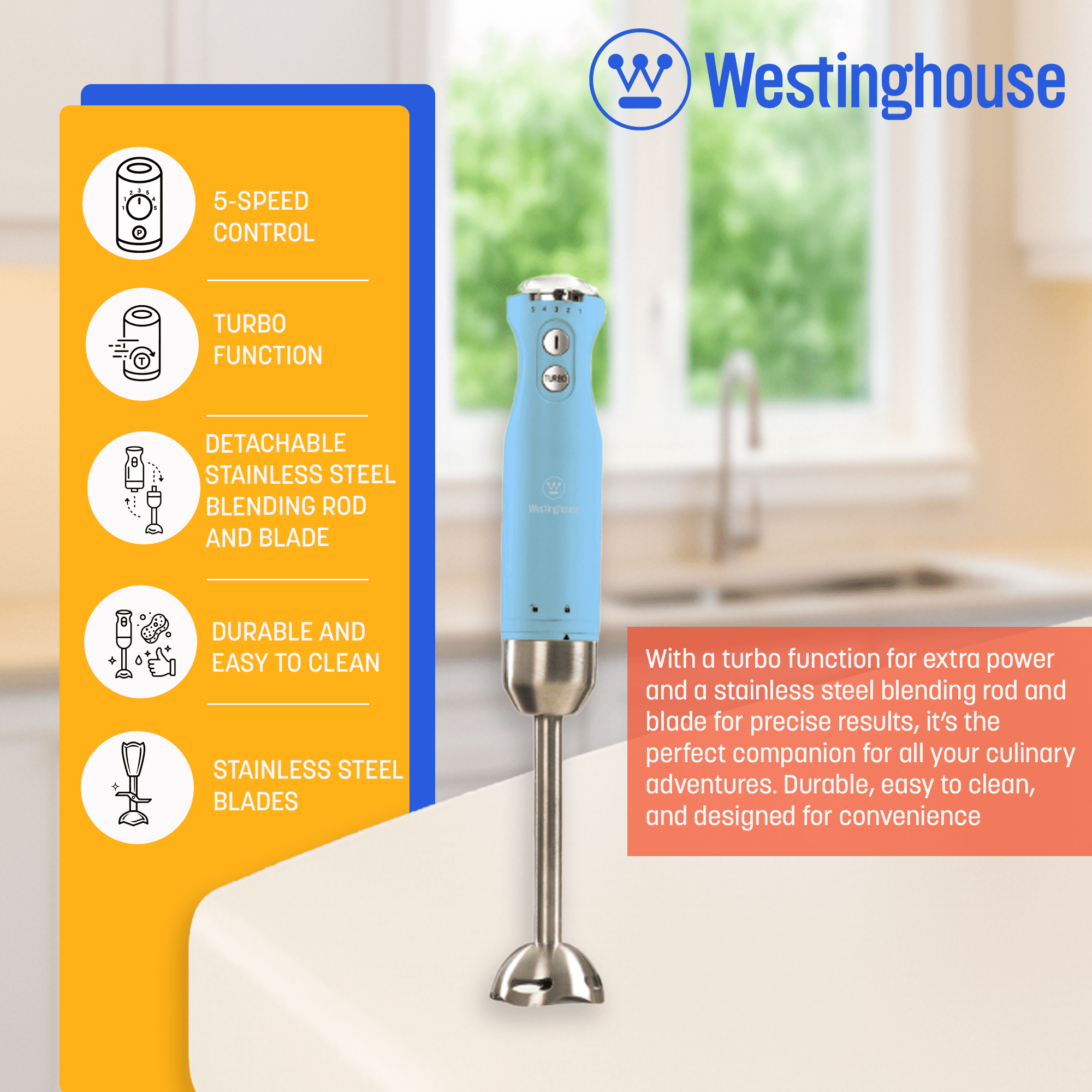 Westinghouse Hand Blender - 5-Speed Immersion Blender with Turbo Function, Stainless Steel Blades & Rod, 500W Power, Detachable Easy Clean Design, Best for Smoothies & Soups - Retro Appliance, Blue