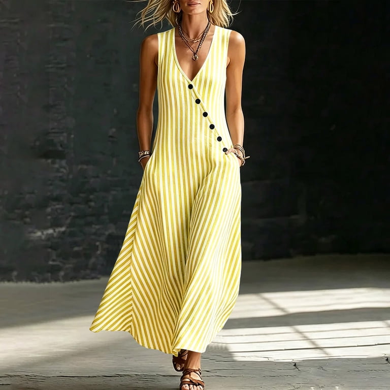 striped tank maxi dress Kukoosong Women's Diagonal Button Striped Tank Maxi Dress, Sleeveless V Neck Loose A-Line Dress, Casual Summer Beach Long Sundress with Side Pockets,