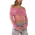 thumbnail image 1 of Fortune Women Off Shoulder Sweater Mesh Knit Cropped Pullover Solid Color Long Sleeve Slim Fit Crop Top, 1 of 7