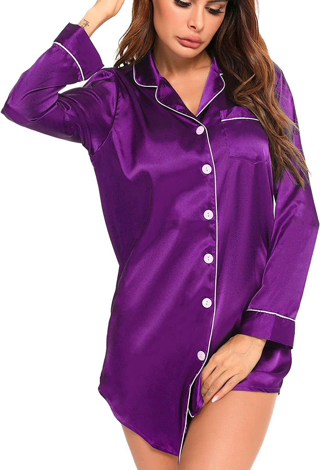 SWOMOG Women's Satin Sleep Shirt Long Sleeve Sleepwear Silk Nightshirt ...