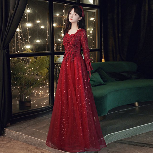 Vestido de noche con apliques rojos, elegante vestido de fiesta hasta el suelo de manga larga para mujer, diseño clásico de tul adecuado para mujeres embarazadas