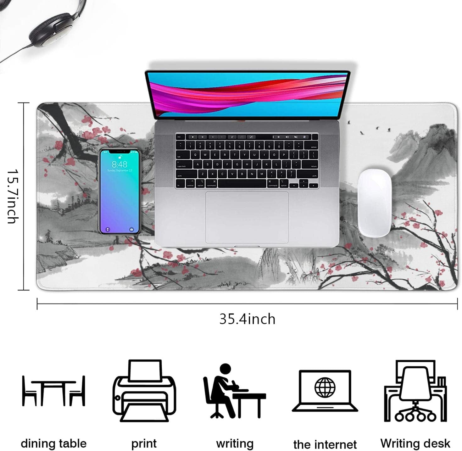Cherry Blossom Mouse Pad Extended Gaming Mouse Pad (35.4x15.7 in) Large Sakura Non-Slip Rubber Base Desk Protector with Stitched Edges Japanese Full Desk Mousepad XXXL