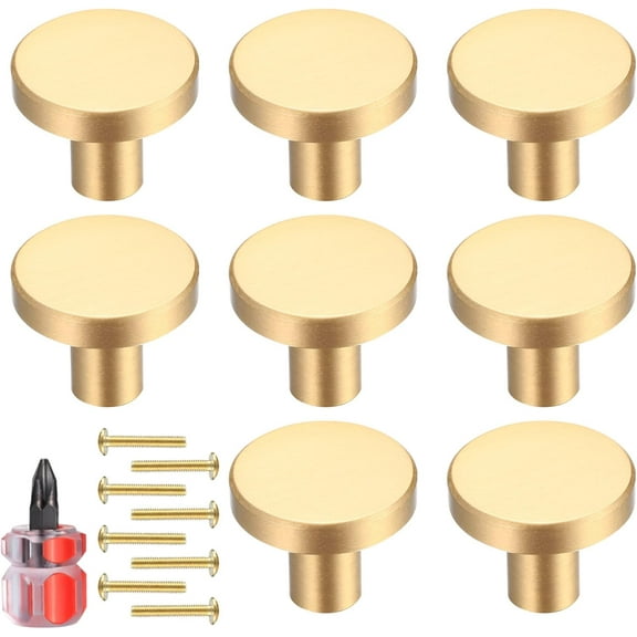 8 Pcs Gold Cabinet Knobs, Brushed Brass Round Kitchen Cabinet Hardware Pulls Knobs Gold for Dresser Drawer Cupboard Closet Furniture Wardrobe Door Knobs Handles, with Screwdriver - 20x25 mm