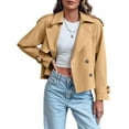 thumbnail image 2 of Women Long Sleeve Double Breasted Notched Lapel Casual Loose Fit Cropped Trench Jackets with Pockets Khaki S, 2 of 8