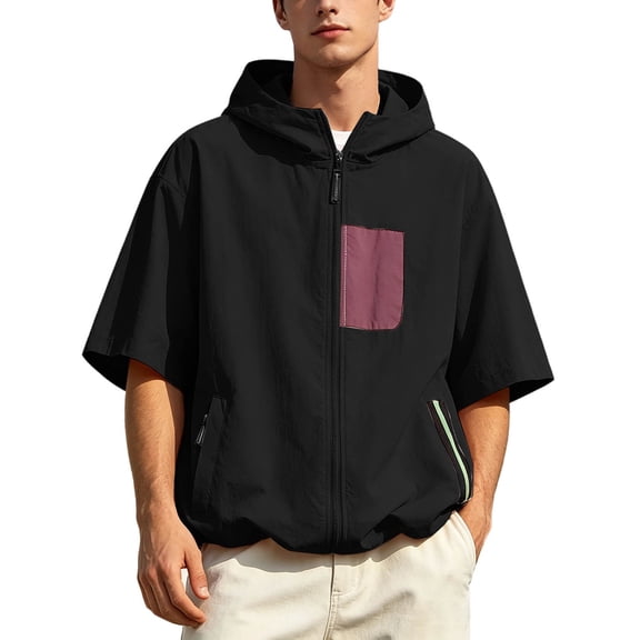 Puliio Men's Patch Pocket Zip Up Hoodie Oversized Short Sleeve Hooded Jackets Daily Casual Sweatshirts