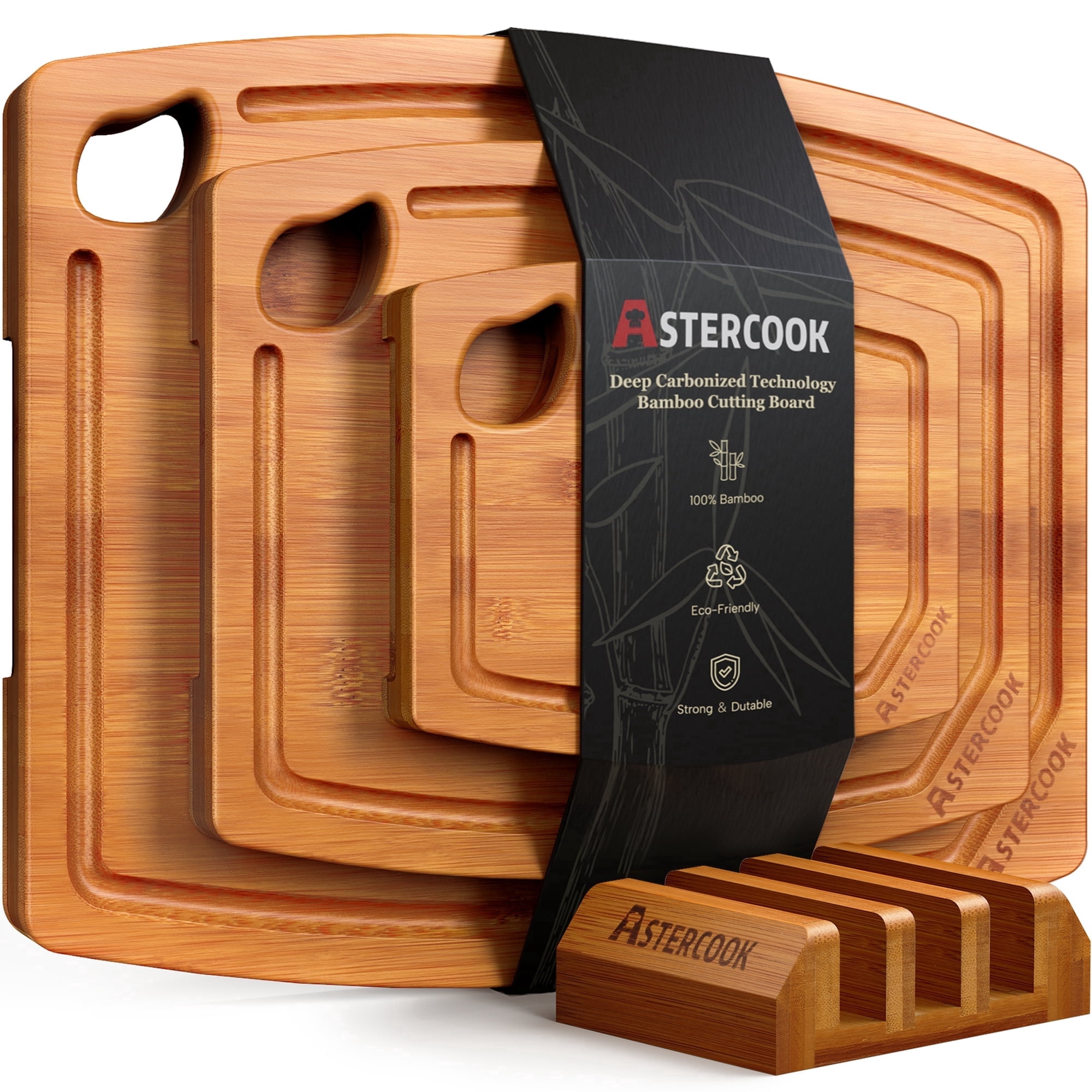 Astercook 4-Piece Bamboo Cutting Board Set with Holder, Deep Carbonized Wood Chopping Boards for Kitchen with Juice Groove and Handles, Knife-Friendly Charcuterie Boards for Meal Prep and Serving