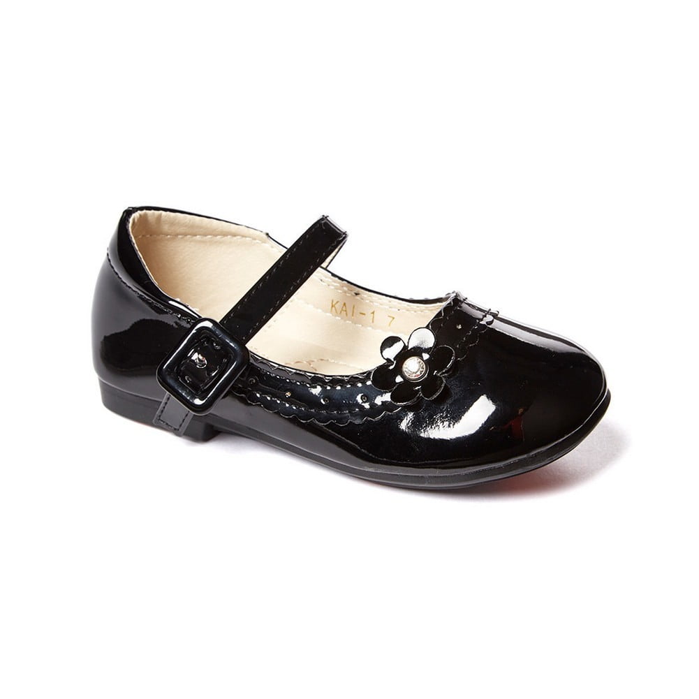 Bee Happy - Little Girls Black Rhinestone Center Flower Buckle Mary Jane Flats 5-10 Toddler 