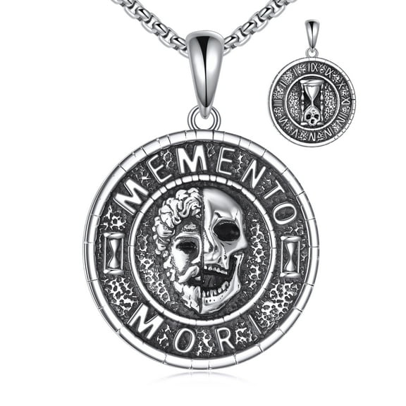 Memento Mori Necklace 925 Sterling Silver Momento Mori Pendant Necklace Amor Fati Skull Stoic Coin Jewelry Gifts for Men Women