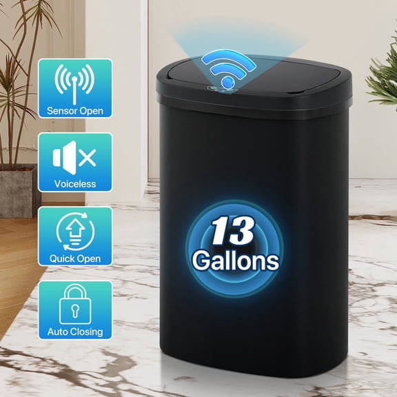 13 Gallon Plastic Garbage Can Kitchen Trash Can Automatic Touch Free Trash can with Lid 50 Liter Waste Bin Mute Anti-Fingerprint for Bedroom Home Office Living Room, Black