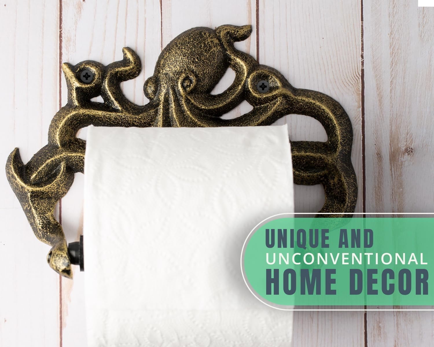 Comfify Cast Iron Octopus Toilet Paper Roll Holder, Wall Mounted Bathroom Tissue Holder with Mounting Hardware, Gold and Black