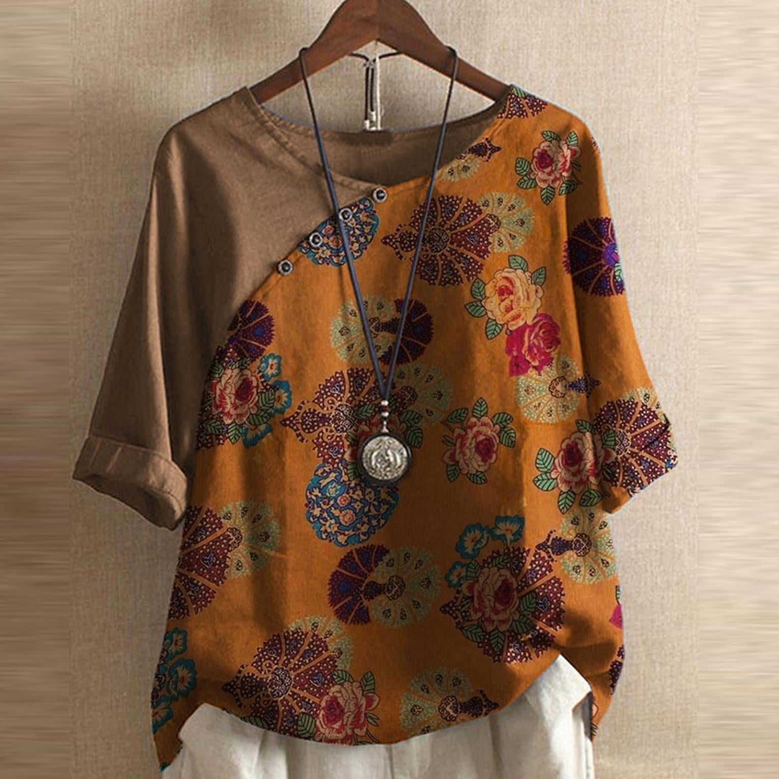 Summer Womens Cotton Linen 3/4 Sleeve Tops Vintage Irregular Neck Tunic ...